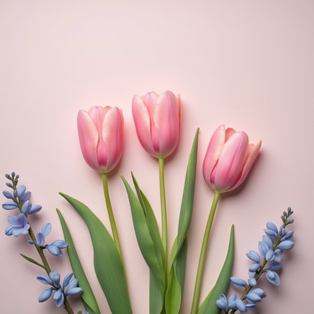 Pink tulips and blue hyacinths on pastel pink backgroundの素材