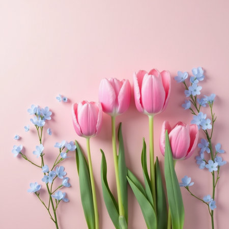 Pink tulips and blue forget-me-nots on pink backgroundの素材