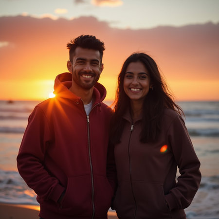 Portrait of happy young couple looking at camera on the beach at sunsetの素材