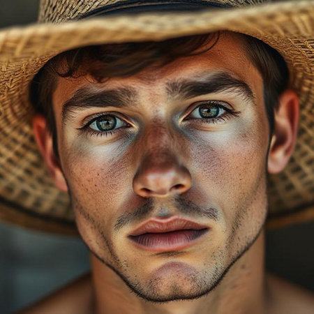 Close-up portrait of a handsome young man in a straw hat.の素材