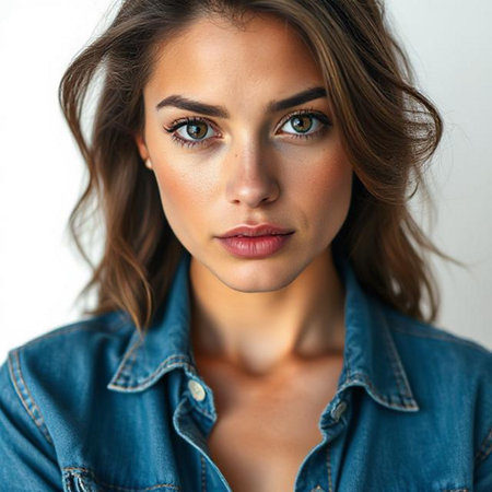 Close up portrait of beautiful young woman face. Isolated white background.の素材