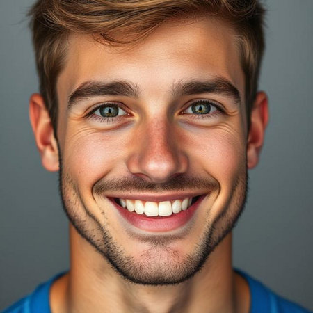 Close-up portrait of a smiling young man against gray background.の素材