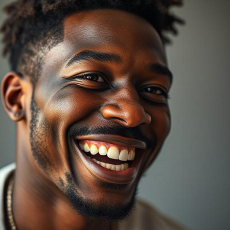 Portrait of a happy young African American man laughing against gray backgroundの素材