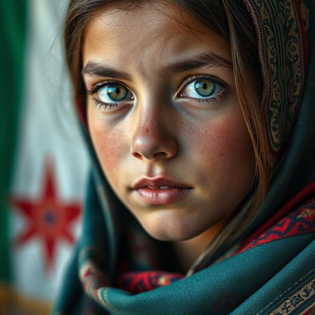 Portrait of a beautiful young girl in a headscarf.の素材