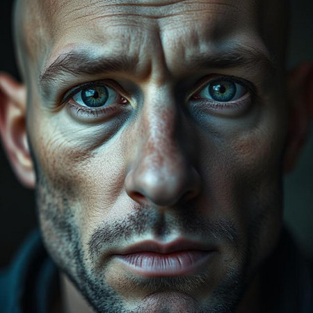 Close-up portrait of a middle-aged man with green eyesの素材