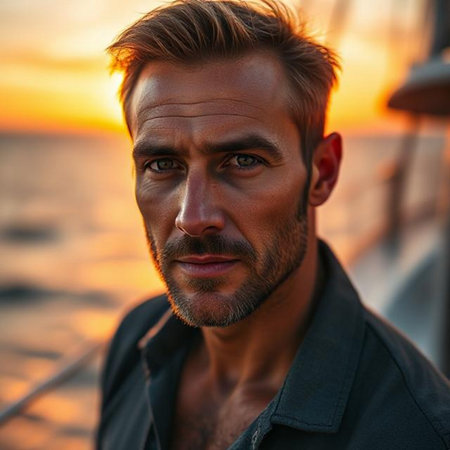 Portrait of a handsome man on the beach at sunset. Men's beauty, fashion.の素材