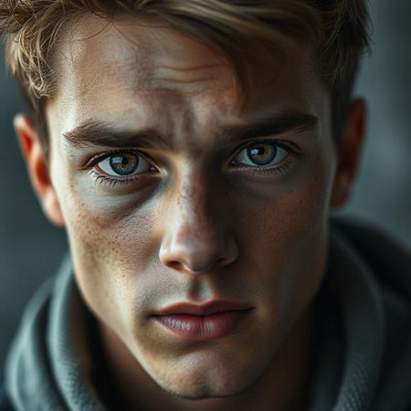 Close-up portrait of a handsome young man with blue eyes.の素材