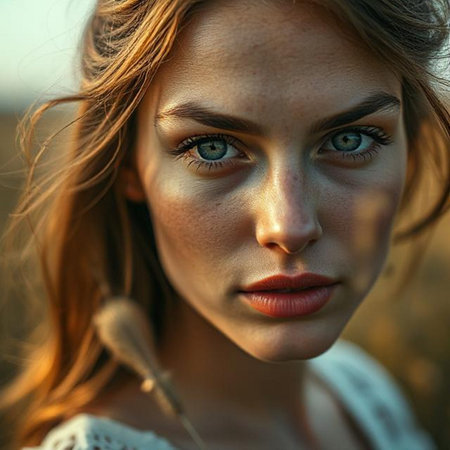 Portrait of a beautiful girl with green eyes in the field.の素材