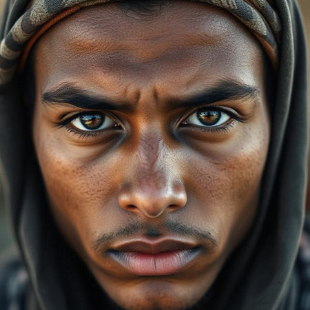 Close-up portrait of a young black man with blue eyes.の素材