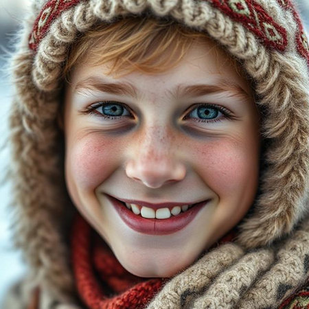 Portrait of a smiling girl in a winter hat and scarf.の素材