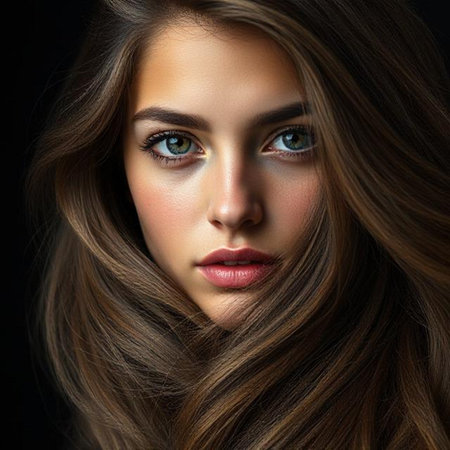 Closeup portrait of beautiful young woman with long brown hair and make up.の素材