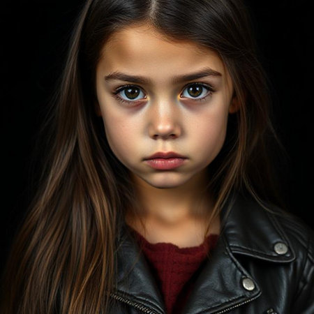 Portrait of a beautiful little girl in a black leather jacket.の素材