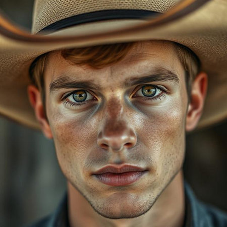 Close-up portrait of a young man in a cowboy hat.の素材