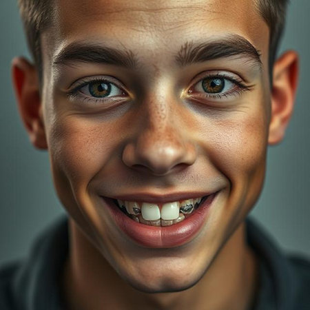 Close-up portrait of a young man with braces on his teethの素材