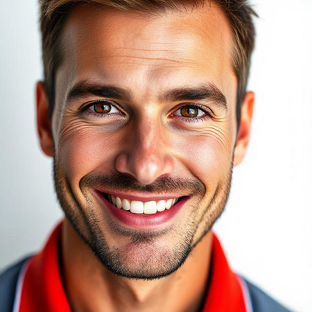 Close-up portrait of a handsome young man smiling at camera.の素材