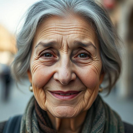 Portrait of a smiling elderly woman with gray hair in the cityの素材