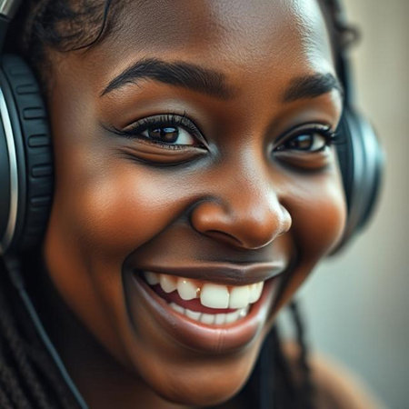 Close up portrait of a young African American woman with headphonesの素材