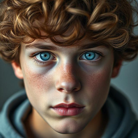 Close-up portrait of a boy with blue eyes and curly hairの素材