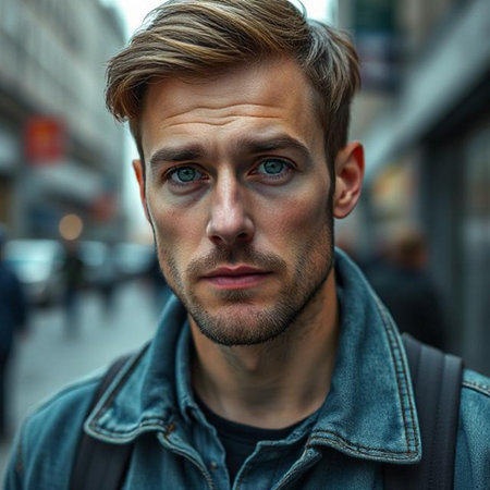 Portrait of a handsome young man with blue eyes in the cityの素材