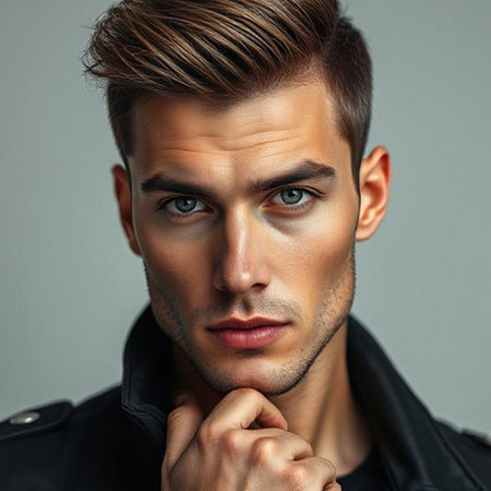 Portrait of a handsome young man in a black jacket. Men's beauty, fashion.の素材