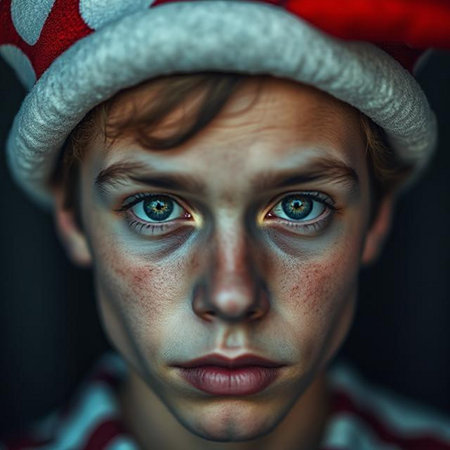 Close-up portrait of a boy in a Santa Claus hat.の素材