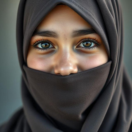 Close up portrait of beautiful young Muslim woman in black hijab.の素材