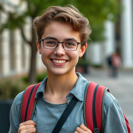 Portrait of a smiling teen boy with eyeglasses and backpackの素材