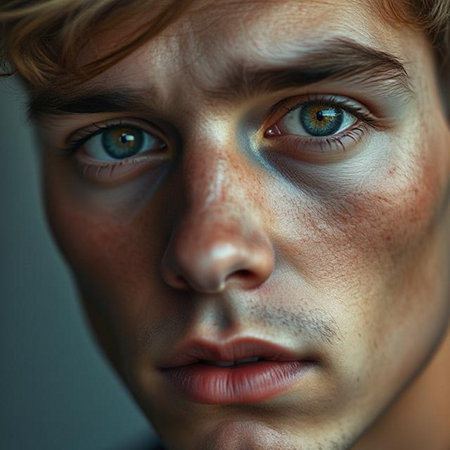 Close-up portrait of a young man with blue eyes, studio shotの素材