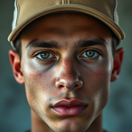 Portrait of a young man with a baseball cap and green eyesの素材