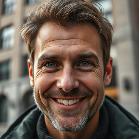 Close up portrait of a smiling man looking at camera in the cityの素材