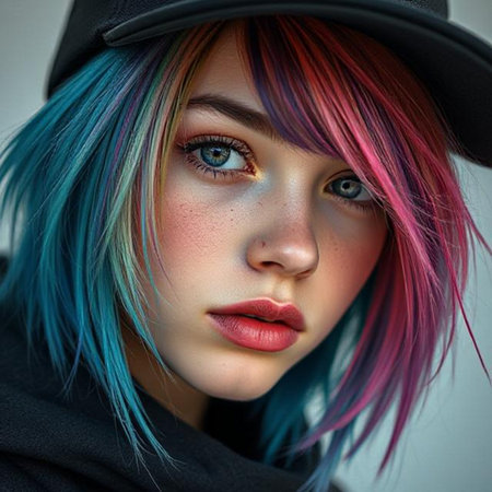Close up portrait of beautiful young woman with pink hair and blue eyesの素材