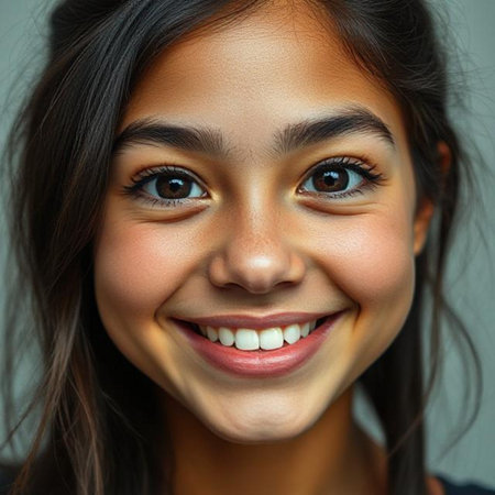 Close up portrait of a beautiful young Asian woman smiling at cameraの素材