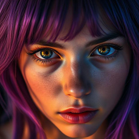 Close-up portrait of a beautiful girl with purple hair and bright makeup.の素材