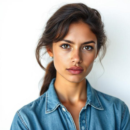 Portrait of a beautiful young woman looking at camera with serious expressionの素材