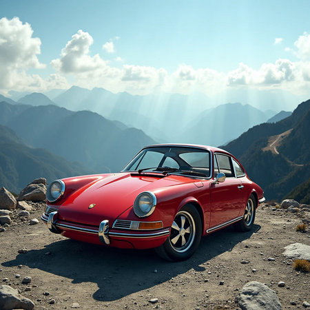 Old red car on the background of the mountains. 3d renderの素材