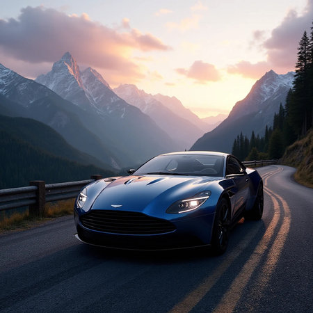 3D render of a blue sports car on the road in the mountainsの素材
