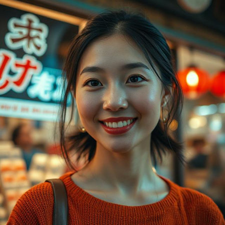 Portrait of a beautiful young Asian woman smiling at the camera.の素材
