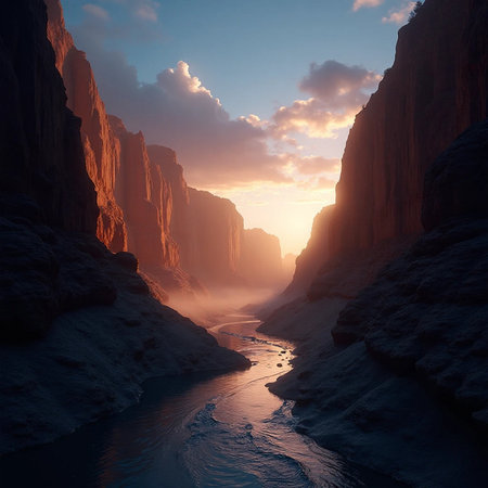 Fantastic sunset over the canyon. Fantastic landscape. 3d renderの素材