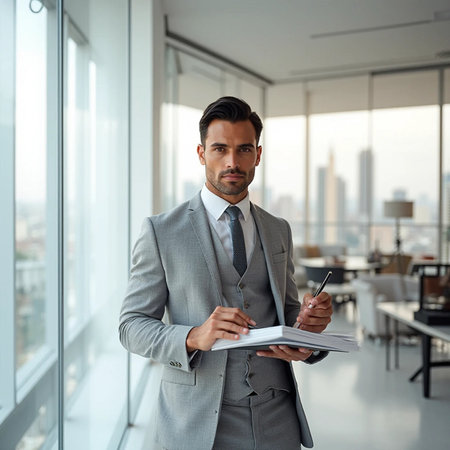 Confident businessman standing in office and writing down notes. Confident young man in formalwear holding clipboard and pen. Business conceptの素材