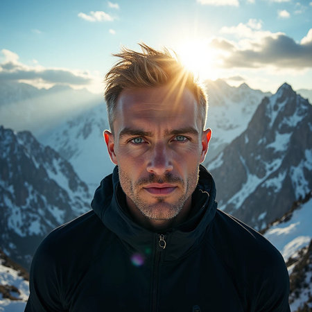 Portrait of a young man on the background of snowy mountains.の素材