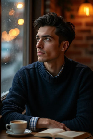 Handsome young man in a blue sweater sitting in a cafe with a cup of coffeeの素材