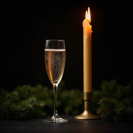 Champagne glass with burning candle and fir branches on dark background, closeupの素材