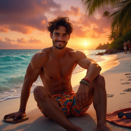 Handsome young man sitting on the beach at sunset, smiling.の素材