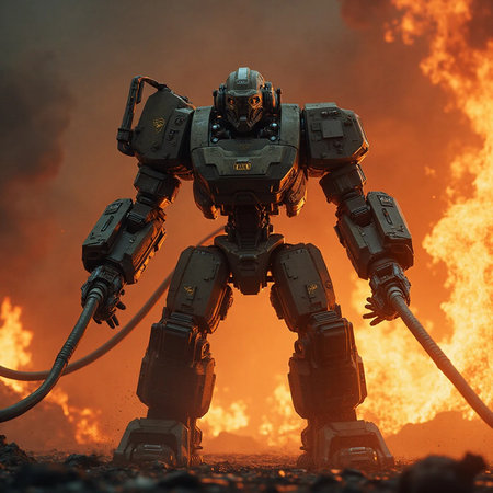 Futuristic robot on fire. 3d rendering. Futuristic technology concept.の素材