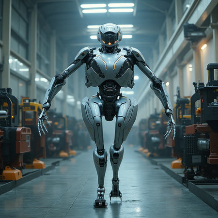 3D rendering of a female robot working in a factory. Technology concept.の素材