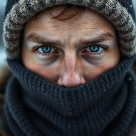 Portrait of a young man in a hat and scarf. Close-up.の素材