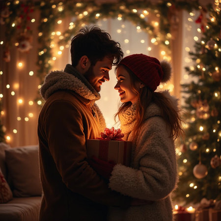 Beautiful young couple in warm clothing holding a gift box on the background of the Christmas tree.の素材