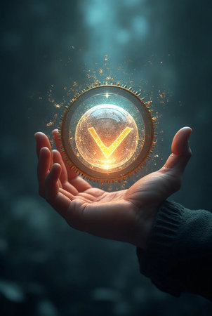 Close up of human hand holding cryptocurrency coin. Digital currency concept. 3D renderingの素材