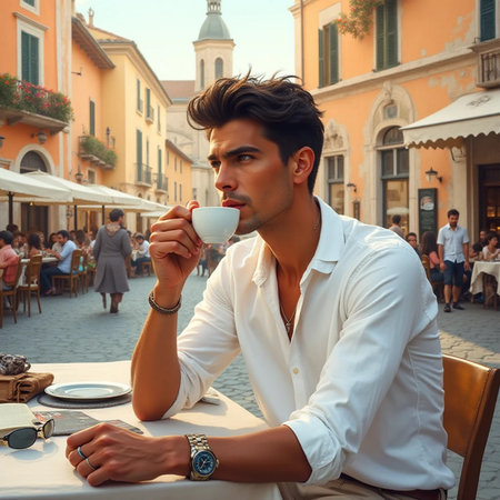 Handsome young man drinking coffee in a street cafe in Rome, Italyの素材