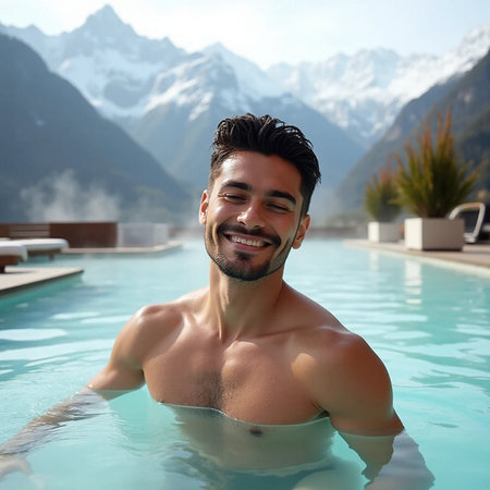 Young handsome man relaxing in the swimming pool at luxury spa resort.の素材